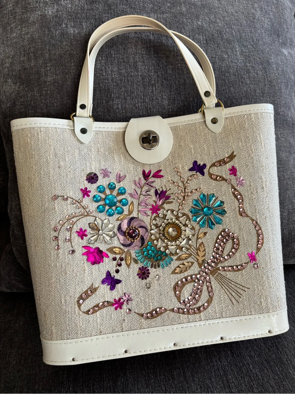 Embellished Beige Floral Tote Bag with White Trim